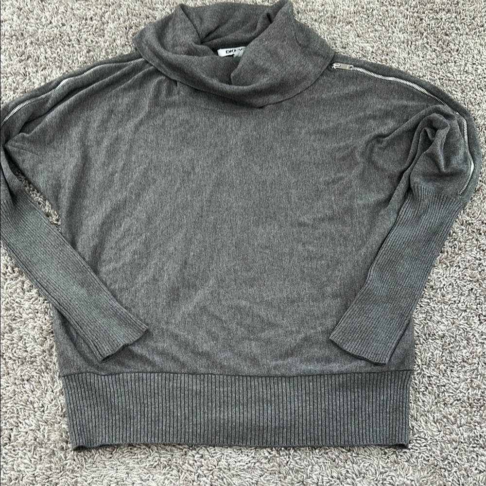 DKNY Gray Cowl Neck Zipper Detail Long Sleeve Pullover Sweater Top small